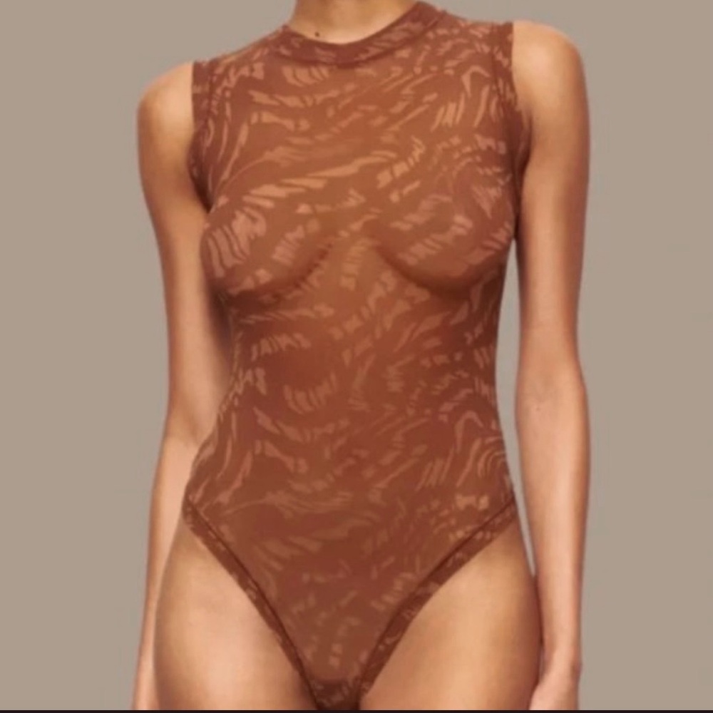 Sleeveless Brown Sheer Patterned Bodysuit